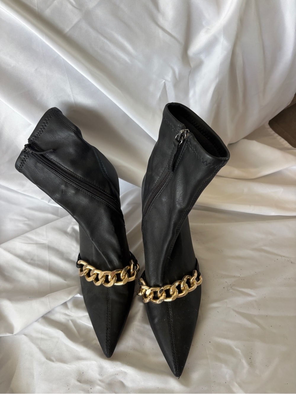 Zara Black Pointed Toe Ankle Boots with Gold Chain